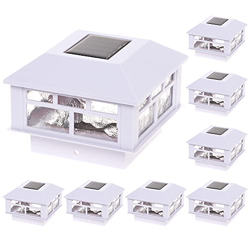 GreenLighting Solar Post Cap Lights 4x4 5x5 - Fence Post Lights - Outdoor Waterproof Solar Powered LED for Wood Vinyl Post Caps - Modern Deck Solar Post Light (8 Pack, White)