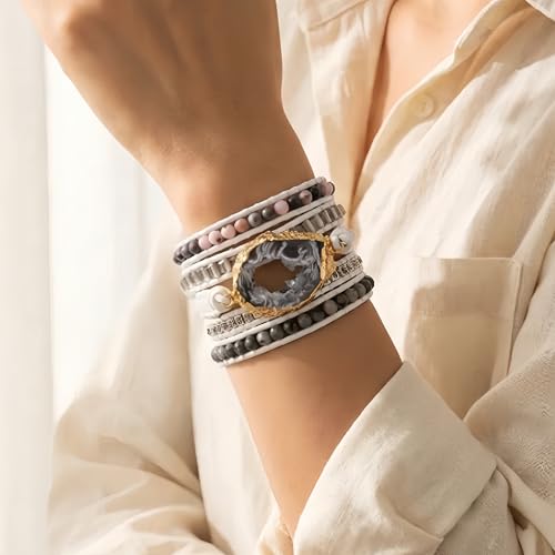 Image of YGLINE Boho Handmade Wrap Leather Tube Crystal Stone Bracelet for Women