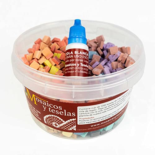 Surtido 1000 teselas de 10 colores para mosaico planas de 7,5x7,5x3 mm. + regalo cola blanca uso...