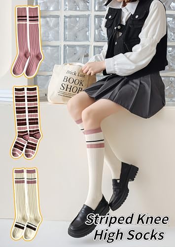 3 Pairs Retro Style Striped Knee High Socks for Women Academic Cotton Stockings for Casual Wear and Sports2