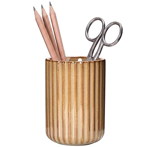 U-TIMES Ceramic Pen Holder with Vertical Groove Design, Desk Pen Pencil Cup for Office, Multipurpose Ceramic Cup for Pens, Pencils, Makeup Brushes, Small Ceramic Vase, Brown Fluted Surface