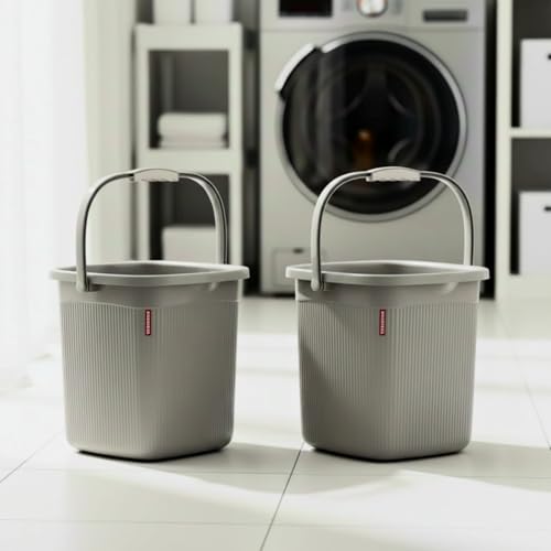 Image of MODWARE 5L Square Bathroom Bucket, Polypropylene, Brown, Space-Saving Design, Anti-Slip Handle, Pack of 2 (Grey)