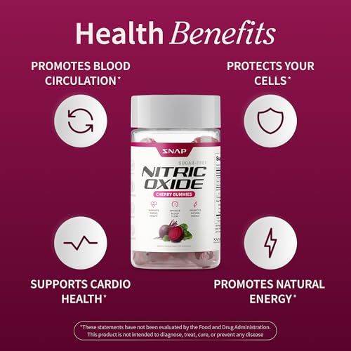 Image of Snap Supplements Nitric Oxide Gummies - Beet Root Extract 300mg, Sugar Free Beetroot Supplement with Pomegranate Powder for Circulation & Natural Energy, 60 Vegan Gummies, Cherry Flavor