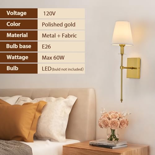 Image of Hardwired Wall Sconce Set of 2, Gold Sconce with Fabric Shade and Column Stand,2 Pack Wired Wall Sconce for Dinning Room Bedroom Living Room Entryway Loft Foyer