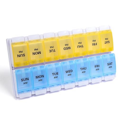Image of Sukuos AM PM Weekly Pill Organizer 7 Day, 2 Times A Day Medicine Pill Box with Easy Push Button, BPA Free Vitamin Cases for Fish Oil /Supplements, Easy to Clean (Yellow&Blue)
