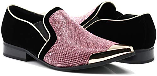 Image of Enzo Romeo Crisiano Men Rhinestone Chrome Toe Suede Pointy Dress Loafer Slip On Shoes