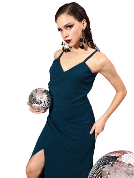 Women and Girls Polyester Gown V-Neck Solid Print Maxi Sleeveless Teal Party Dress