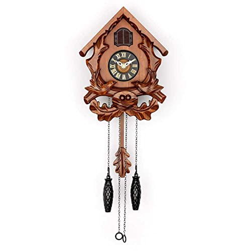 Wall Clock with Night Mode, Singing Bird and Carved Wood Decorations (Cherry)