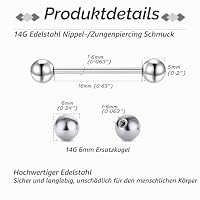 Gojewen 8er Zungenpiercing Brustwarzenpiercing und 4er Ersatzkugel Chirurgenstahl Silber Piercing Zunge Brustwarze Barbell 16mm – Ansicht 3