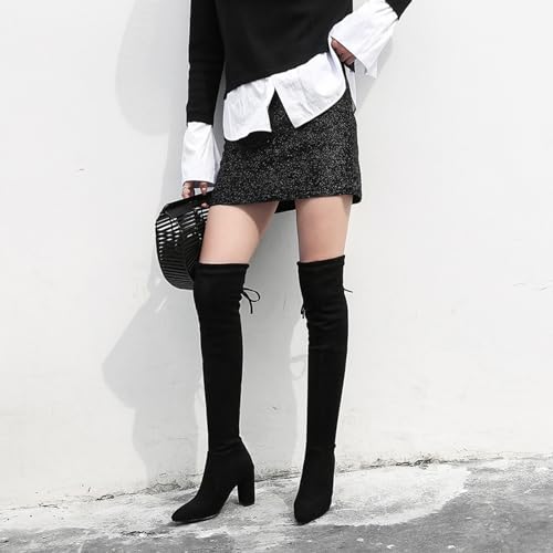 Gicoiz Ladies Pointed Toe Block Heels Suede Above Knee Boots4