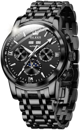 OUPINKE Herrenuhr Automatik Mechanische Armbanduhr mit Mondphase Wasserdicht Luminous Tag Datum Zweifarbige Edelstahlarmband