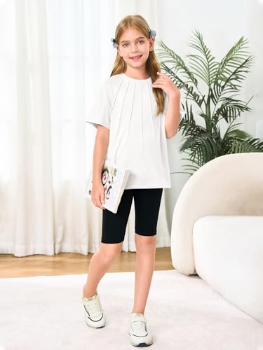 Image of Haloumoning Girls Pleated Oversized T Shirts Kids Summer Short Sleeve Crewneck Casual Tops Tees 5-14 Years