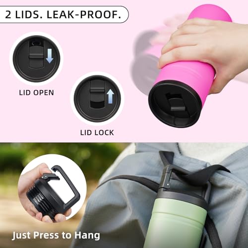 Image of BJPKPK 20 oz Insulated Travel Water Bottle, Coffee Tumbler Stainless Steel | Double Wall Vacuum, Leakproof, Thermal, Keeps Hot /Cold, Dishwasher Safe, Spill Proof, Wide Mouth, 2 Lids, Barbie Pink