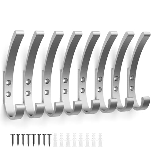 KYOEON Coat Hooks Wall Mounted, 8Packs Silver, Aluminum Metal Heavy Duty Towel Rope Hooks for Screwing Drilling, Bathroom, Kitchen Door