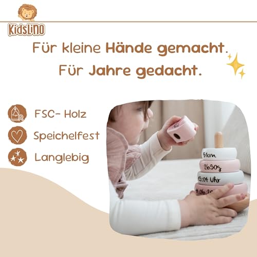 Mainely Personalisierbarer Holz-Stapelturm Rosa – fördert Feinmotorik & Koordination – für Kinder ab 12 Monaten – mit Name & Geburtsdaten - Label Label