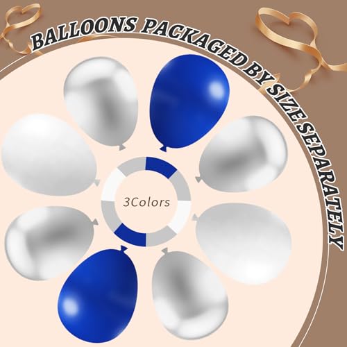 Image of 412Pcs Blue White Silver Balloon Arch Kit,18 12 10 5 Inch Different Size Royal Blue and White Balloons for Graduation Birthday Wedding Party Decorations
