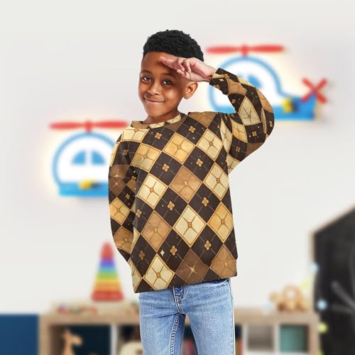 JUNZAN Yellow Brown Plaid Kids Girls Hooded Sweatshirt Long Sleeve Kids Pullover Hoodie Camping 4T4