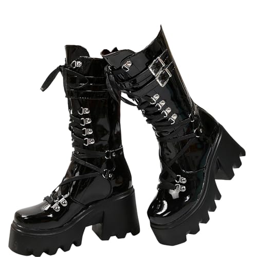 ZKXYFFS Women's Punk Mid Calf Boots Motorcycle Platform Wedge Ankle Boots Goth Patent Lace Up Booties Zipper Combat Boots