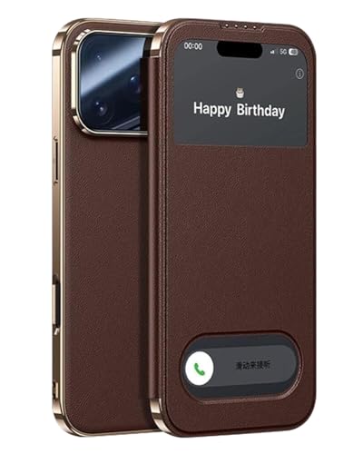 Coque à rabat en cuir véritable pour iPhone 17 avec fenêtre et finition élégante bord doré