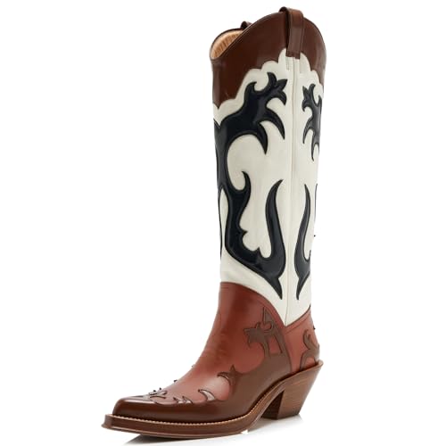 Cowboy Western Knee High Boots for Women Two Tone Leather Pointed Toe Stacked Chunky Heel Tall Booties Classic Retro Embroidered Cowgirl Boot Pull on