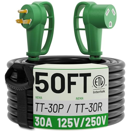 POWGRN 30 Amp RV Extension Cord 50 FT Outdoor with Grip Handle Flexible Heavy Duty 10/3 Gauge STW 3 Prong RV Power Cord with Cable Organizer NEMA TT-30P to TT-30R Black-Green ETL Listed