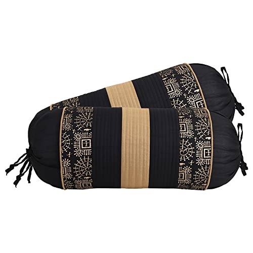 Image of Gifts Island Combo Silk Traditional Striped & Rajasthani Warli Golden Hand Printed Pillow Cushion Covers 16x16 inches Set of 5 & Round Pillow Bolster Covers Set of 2 16x32 inches (Black)