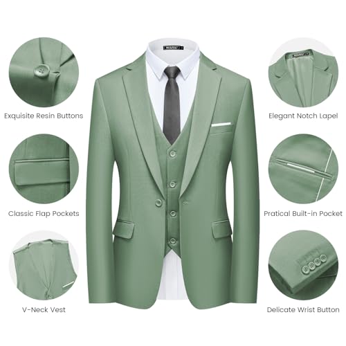 WULFUL Men’s Slim Fit Suit One Button 3-Piece Blazer Dress Business Wedding Party Jacket Vest & Pant - Image 6
