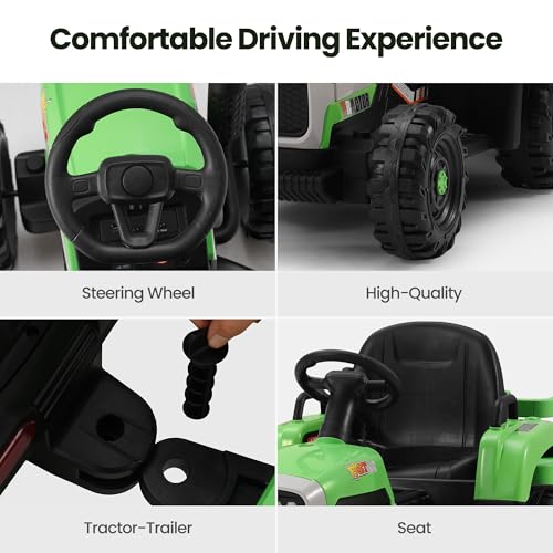 Kids Ride on Tractor Ride on Toys for Kids Electric Tractor with Trailer Dual 35W Motors 12V 7AH Kids\' Electric Vehicles Remote Control Tractor Toys with EVA Treaded Tires LED Light (Green) - Thumbnail 6