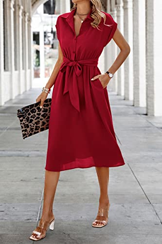 Ecowish Womens Casual Midi Dresses Solid V Neck Short Sleeve Shirt Dress With Pockets For Spring Summer 2023 Red M #TOP1