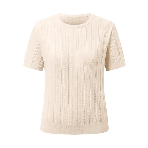 Betusline Women's Cable Knit Short Sleeve Crew Neck Summer Pullover Sweaters Solid Color Knitted Summer Pullover Tops