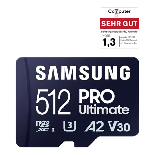 Image of SAMSUNG PRO Ultimate microSD Memory Card + Adapter, 512GB microSDXC, Up to 200 MB /s, 4K UHD, UHS-I, Class 10, U3,V30, A2 for Action Camera, Drone, Gaming, Phones, Tablets, MB-MY512SA /WW