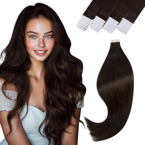 Vivien Hair Extensions Tape in Human Hair Brown Natural Tape in Extensions Dark Brown Long Silky 24 Inch 20pcs 50g #2