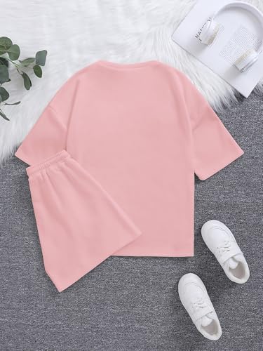 Image of Verdusa Girl's Tracksuit Sets 2 Piece Outfits Letter Print Vacation Tee Top and Drawstring Waist Shorts