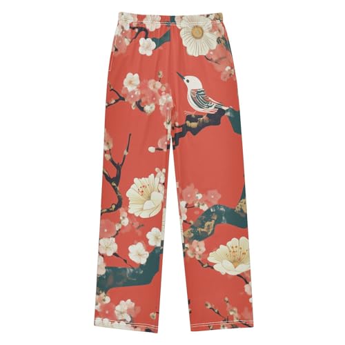Plum Flowers and Bird Boys Long Pants Soft Trousers Elastic Waist Kids Lounge Bottoms with Pockets S-XL