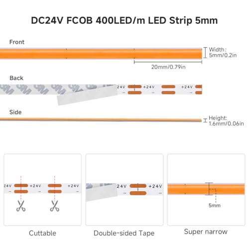 Image of 5mm Orange COB LED Strip Light DC24V Narrow Thin Flexible High Density Uniform Cob Strips 16.4FT UL Listed Dimmable CRI 90+ LED Tape Lights for Car Cabinets, No Controller /Adapter