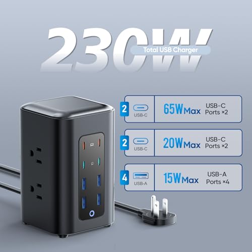 TenTrend Power Strip Tower, 230W Total Fast Charging Station for Multiple Devices, 5FT Extension Cord Tower with 6 Outlets 8 USB(4 USB C), 2000J Surge Protector for Home Office, Dorm Essentials - Image 4