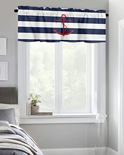 Chucoco Nautical Valance Curtain For Window, Red Anchor Rod Pocket Kitchen Valances Navy Blue White Stripe Short Curtain Panel Windows Treatment Drapes For Bathroom/Bedroom/Living Room #TOP3