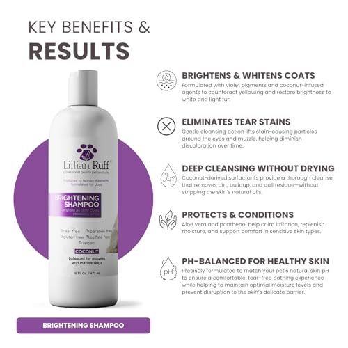 Image of Lillian Ruff PRO Formula Ultra Brightening Dog Shampoo - Professional Whitening & Long-Lasting Odor Eliminator, Remove Stains & Discoloration, Dry Skin & Itch Relief - Aloe & Provitamin B5 16oz+Brush