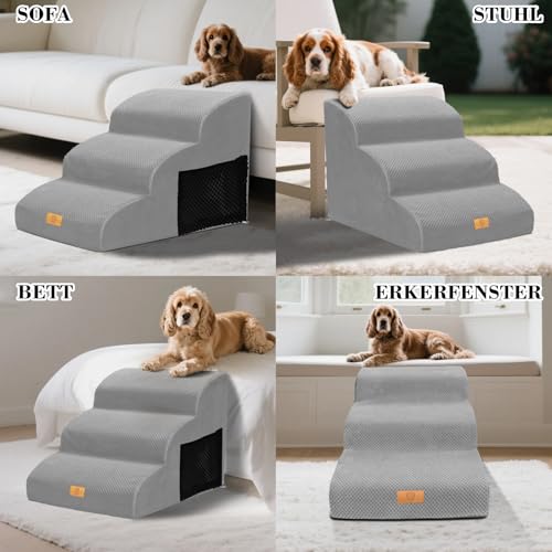 Thihome Hundetreppe für Kleine Hunde 3-Stufig, rutschfeste Haustiertreppe 40cm Hoch, Tragbar Hunderampe für Bett und Sofa, Treppe für Hunde mit Waschbarem Bezug und Rutschfestem Boden, Grau