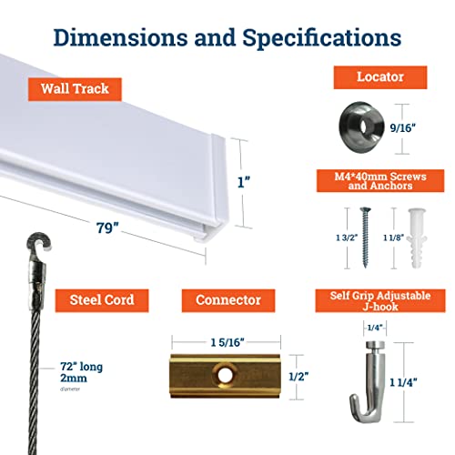 Image of PHS Professional Picture Rail Hanging System | 79-Inch Gallery Rail with TR100 Track, Steel Cords & Hooks | Art Hanging System for Home & Office - 3 Pack