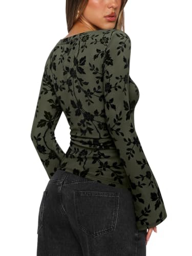 PINKMSTYLE Women Floral Mesh Tops Double Lined Bell Sleeve Tee Army Green M - image 4