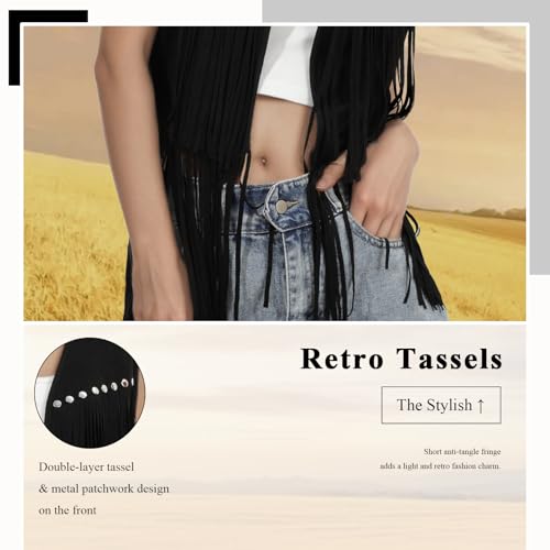 GOKTOW Cowboy Cowgirl Vest for Women Fringe Faux Suede Western Vest Tassel Tops Sleeveless Hippie 70s Light3