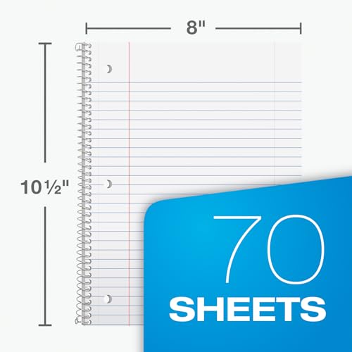 Oxford Notebooks, Spiral Notebook 6 Pack, 1 Subject, Wide Ruled Paper, 8" x 10-1/2", Blue, Yellow, Red, Light Blue, Green, Black, 70 Sheets, for School, Office