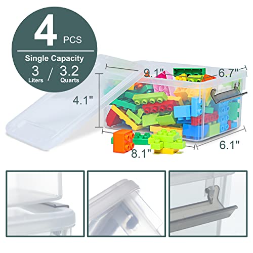 Image of Citylife 4 Packs Small Storage Bins with Lids 3.2 QT Plastic Storage Containers for Organizing Stackable Clear Storage Boxes