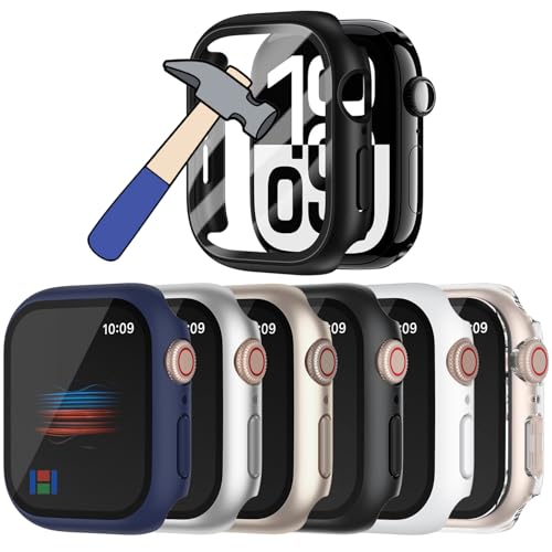 HANKN 6 Pack Hard Case for Apple Watch Series 11 10 46mm Tempered Glass Screen Protector Case, Full Protective Matte Cover Ultra-thin Shatterproof Shell (Blue+Silver+Starlight+Black+White+Clear, 46mm) by HANKN - Used condition - US$7.55