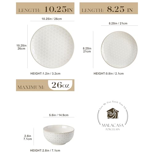 Image of MALACASA 24-Piece Farmhouse Dinnerware Set for 8, Embossed White Stoneware Plates and Bowls Sets, Vintage Relief Ceramic Dish Set, Chip-Resistant, Microwave & Dishwasher Safe