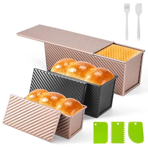 JPPSUJJ 3 PCS Pullman Loaf Pan with Lid 2.2 lb & 1 lb & 0.8 lb Dough Capacity Nonstick Carbon Steel Sandwich Bread Pans with Covers for Homemade Sourdough Baking