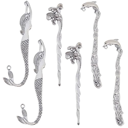 SUNNYCLUE 12Pcs Hook Bookmarks Vintage Style Antique Silver Bookmark Hooks Mermaid Koi Fish Dolphin Animal Bookmarks Summer Ocean Hairpin Strip Carved Book Marks with Loop for Beading DIY Crafting