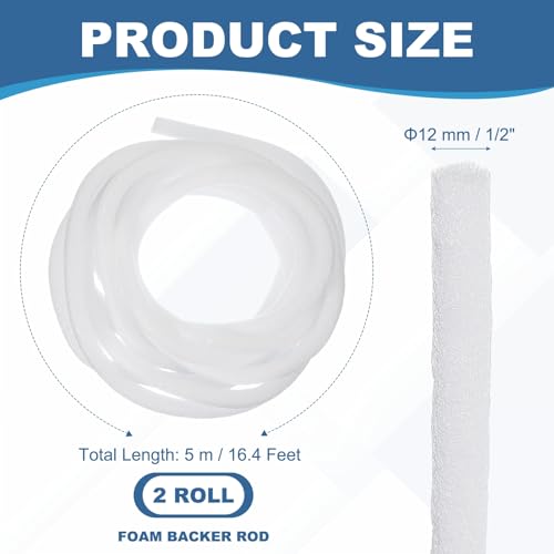 Image of PATIKIL 1 /2 Inch x 16 Feet Backer Rod for Gaps and Joints, 2 Roll Foam Rope Caulk Crack Joint Filler Roll Seal Weather Strip for Home Construction Car, White