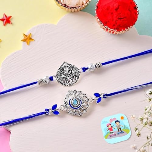 Image of CraftVatika Rakhi Gift for Brother, Silver Plated Rakhi Set of 2 for Bhaiya Boy Men, Ganesha Rakhis for Rakshabandhan with Best Wishes Card Tilakk Magnet Set